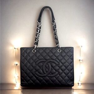 CHANEL Black Caviar Quilted Grand Shopping Tote GST Silver-Tone HW COLLECTIBLE!